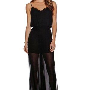 BCBG Sheer Jumpsuit Black XS Wide Leg Neutral Lace Fringe Boho Classic Chic Sexy